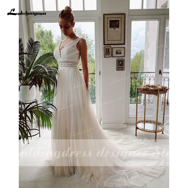 vestido de novia Boho Wedding Dresses Newest V Neck Beach Lace Bridal Wedding Gowns Elegant Bohemian Tulle A Line Bridal Dress