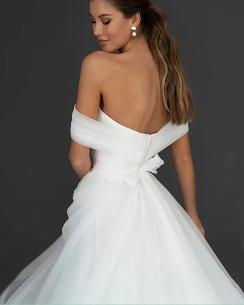 Abito da sposa elegante bohemien con scollo a barchetta 2021 manica a trapezio con cerniera senza schienale Organza abito da sposa alla caviglia Robe De Mariée