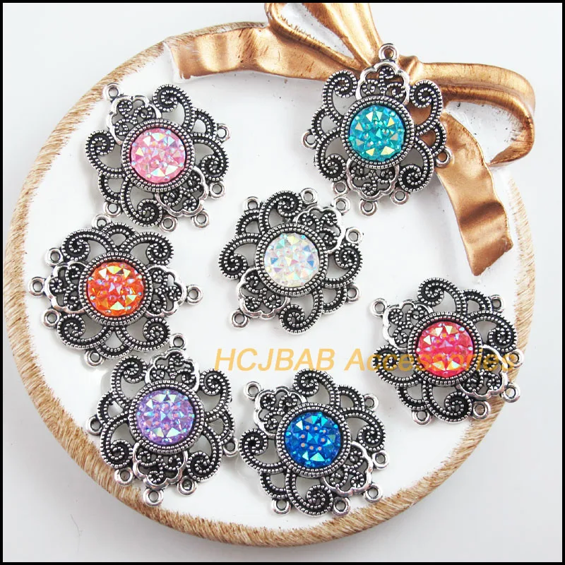 7 New Flower Charms Tibetan Silver Tone Retro Mixed Round Resin Connectors 27.5x31.5mm