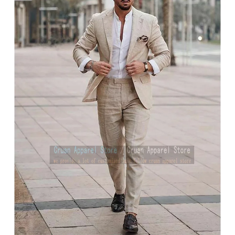 

Linen Men's Classic Suit Male Blazer Pants 2Pcs Slim Fit Beige Beach Wedding Suit Set Summer Best Man Groom Tuxedo Casual Outfit