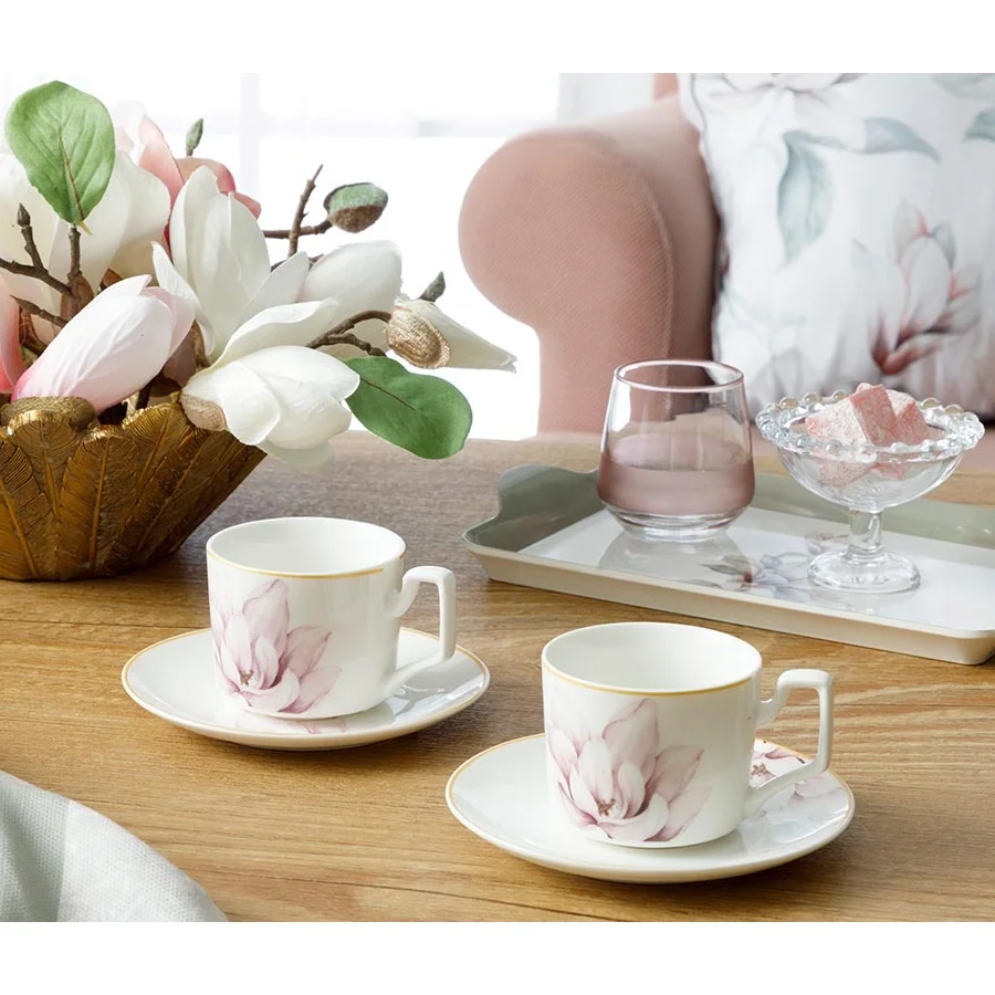 Coffee Set 2 Person Magnolia Decorated New Bone 4 Piece Coffee Cup Set 80 Ml Pink Color/ Enjoying Coffee/ Turkish Coffee