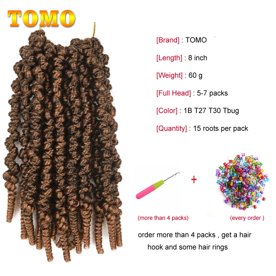 TOMO-extensiones de cabello trenzado de 8 pulgadas, trenzas de ganchillo, cortas, rizadas, sintéticas, de primavera