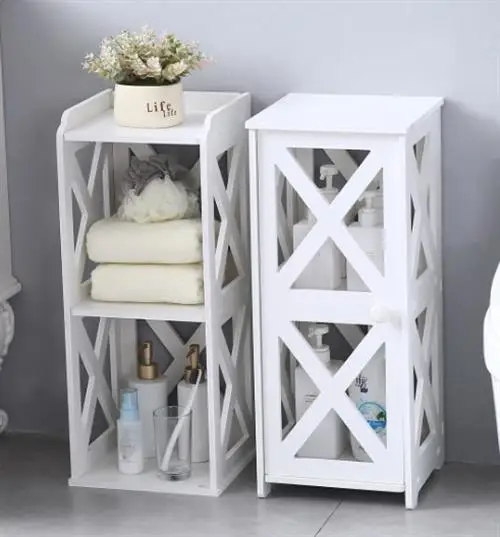 PVC Furniture, Bathroom Shelf, Cross Pattern, Layered Structure From Top to Bottom, Single Door 【28*28*120cm】Bathroom Cabinet