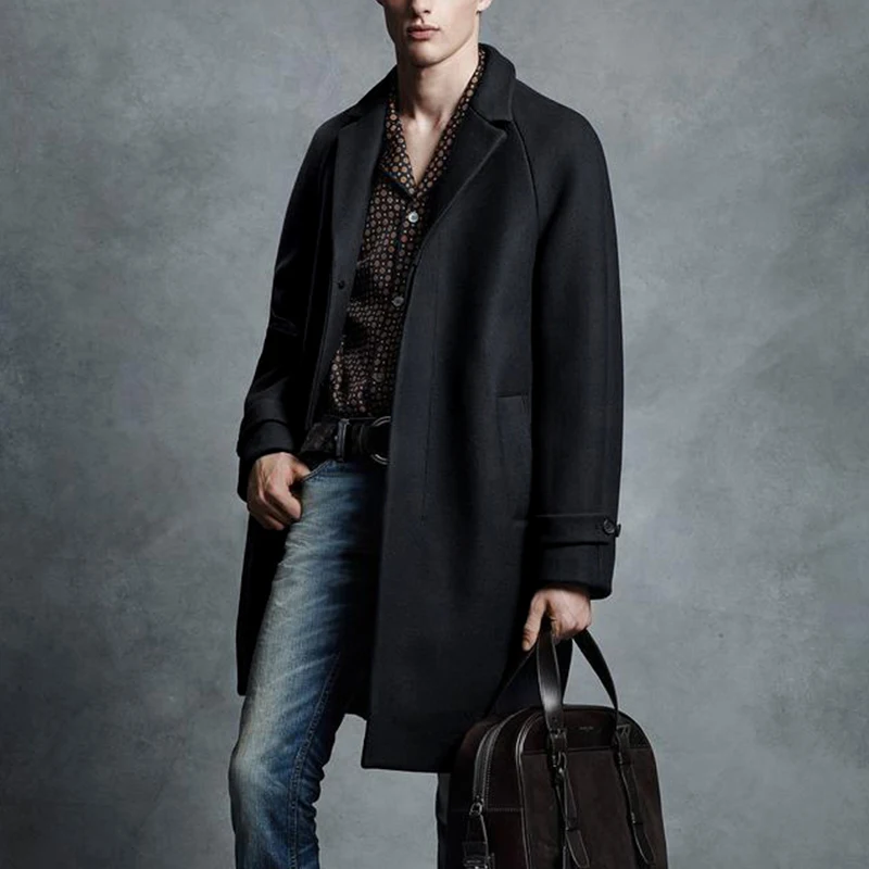 

Men's woolen coat long business thick single-breasted solid color suit collar over-the-knee woolen coat