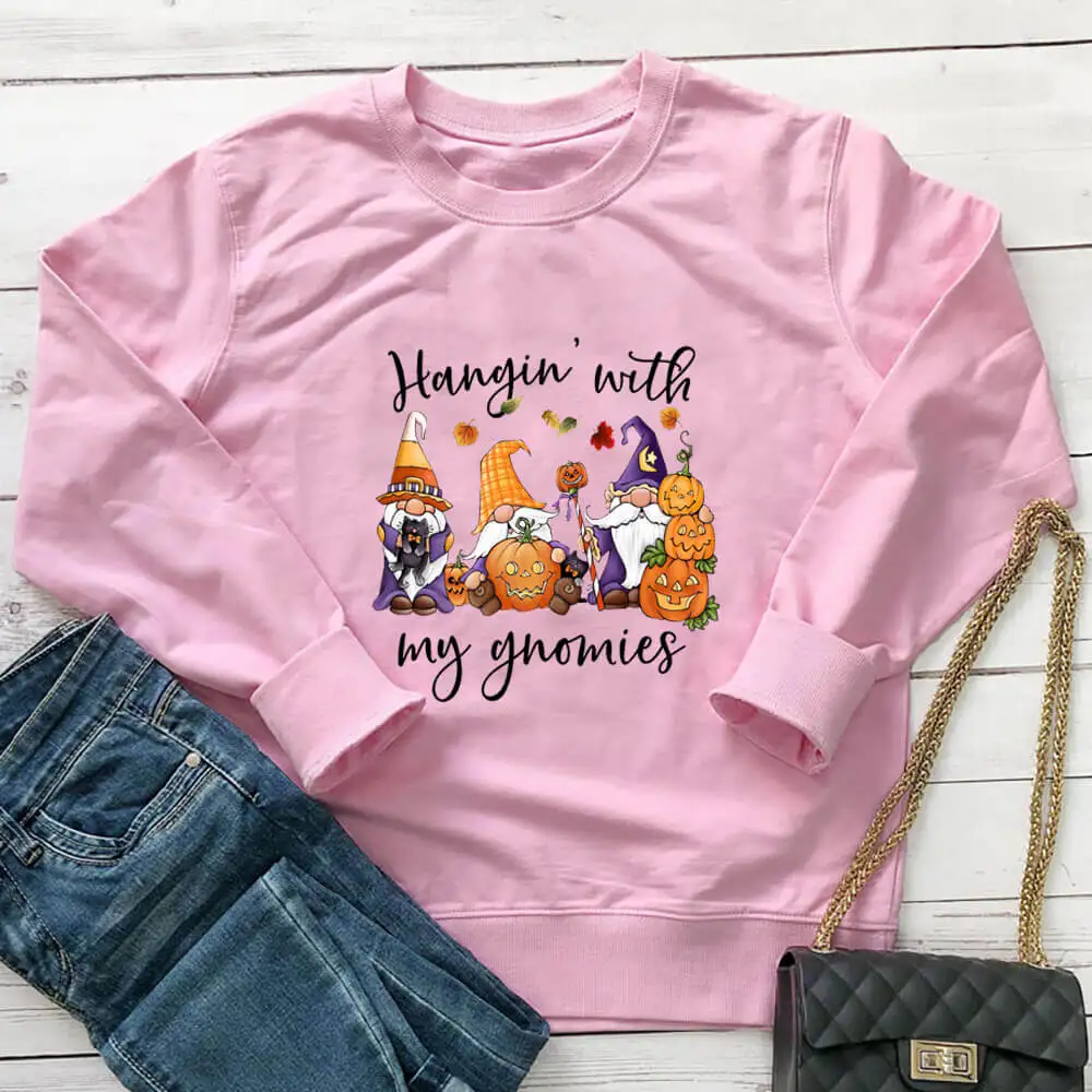 Herfst Gnome Gekleurde Gedrukt 100% Katoen Lange Mouwen Tops Nieuwe Collectie Kerst Sweatshrits Fall Grafische Tops Dropship