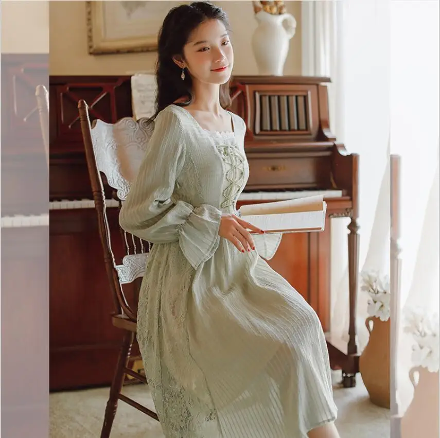 Spring new French literary lace gentle style long Square Collar dress Women 50S 60S Vintage Elegant Midi Dress