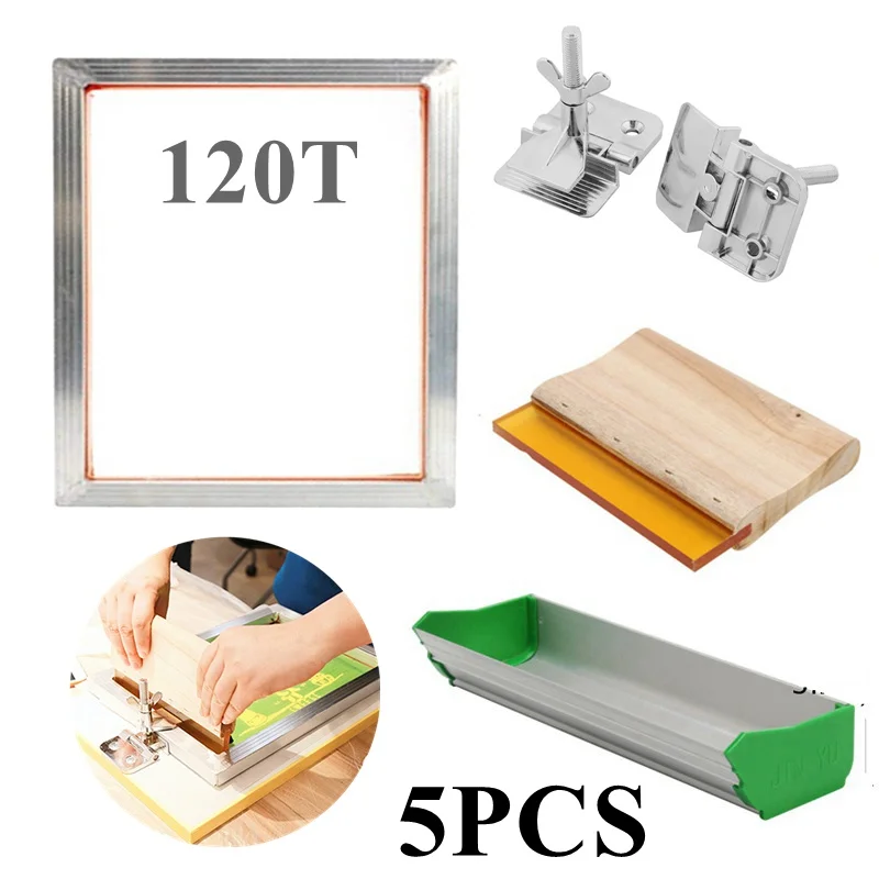 

5Pcs/Set Screen Printing Kit 32x32cm Aluminum Frame With 120T Mesh + Hinge Clamp + Emulsion Scoop Coater + Squeegee Tool Parts