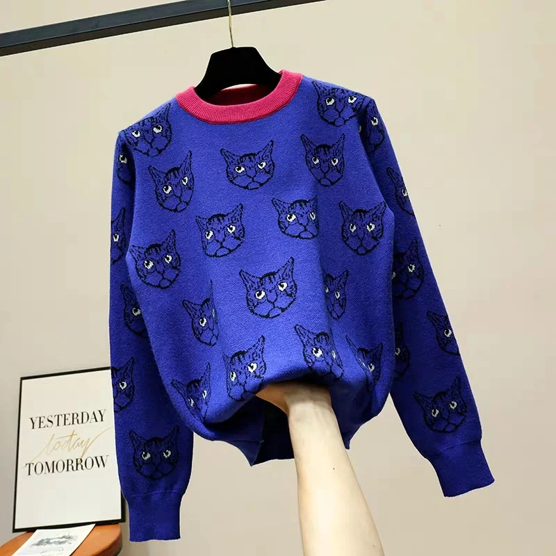 High Quality Runway Designer Cat Print Knitted Sweaters Pullovers Women Autumn Winter Long Sleeve Harajuku Sweet Jumper