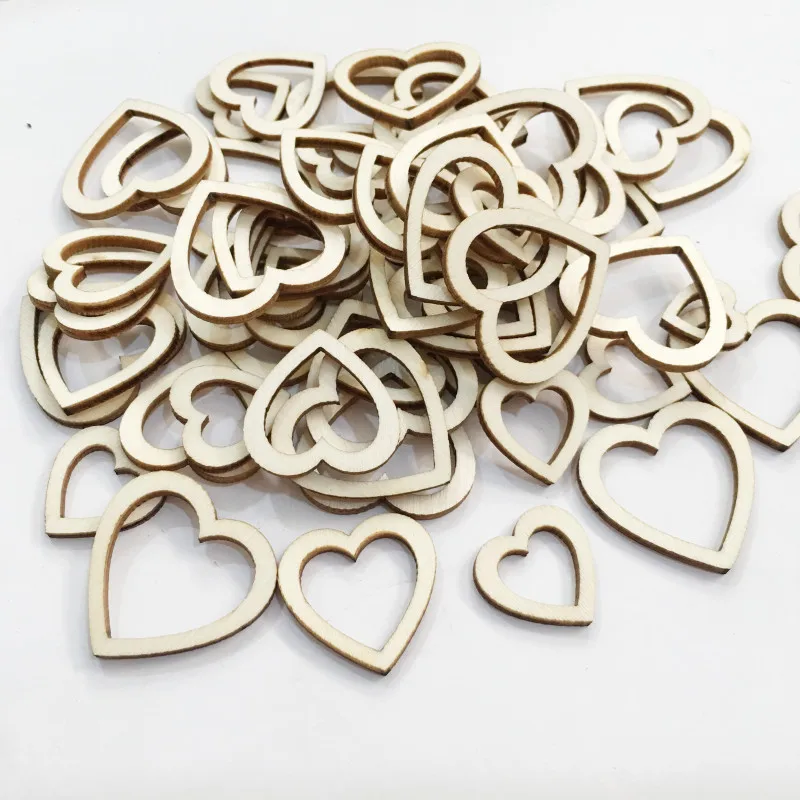 

100pcs 10mm Hollow Heart Shaped Wood Pieces Wooden Ornament Wood Cutouts Slices for House, Garden, Home DIY Art Craft