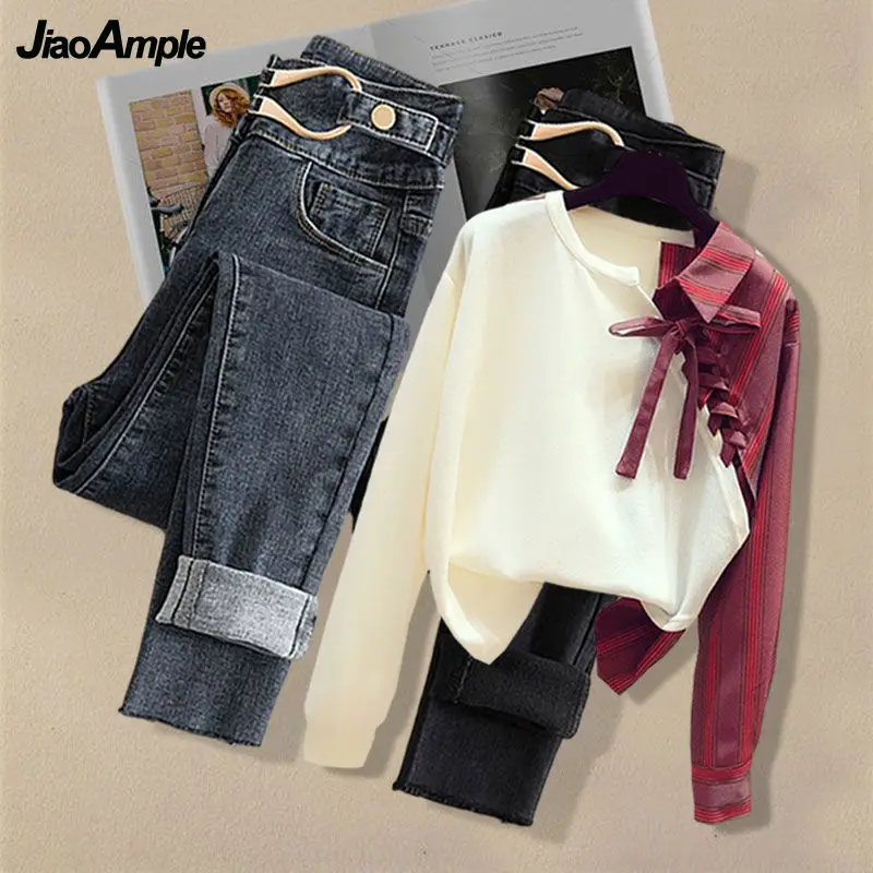 Women Trendy Shirt Pants Two-piece Autumn New Bow-knot Blouse Jeans Suit Korean Fashion Elegant Casual Top Denim Trousers Set