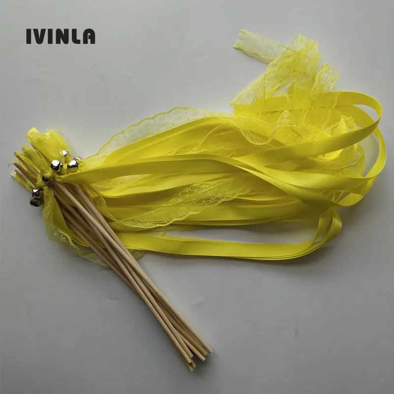 

50pcs/lot yellow Lace Wedding Ribbon Wands and big Bells for wedding decoration