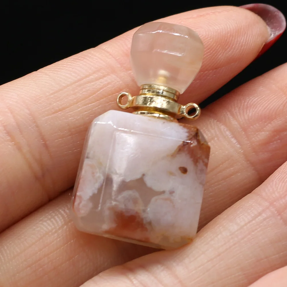 Natural Stone Perfume Bottle Pendant Section Square Cherry Blossom Agates For Jewelry Making Charms DIY Necklace Accessory