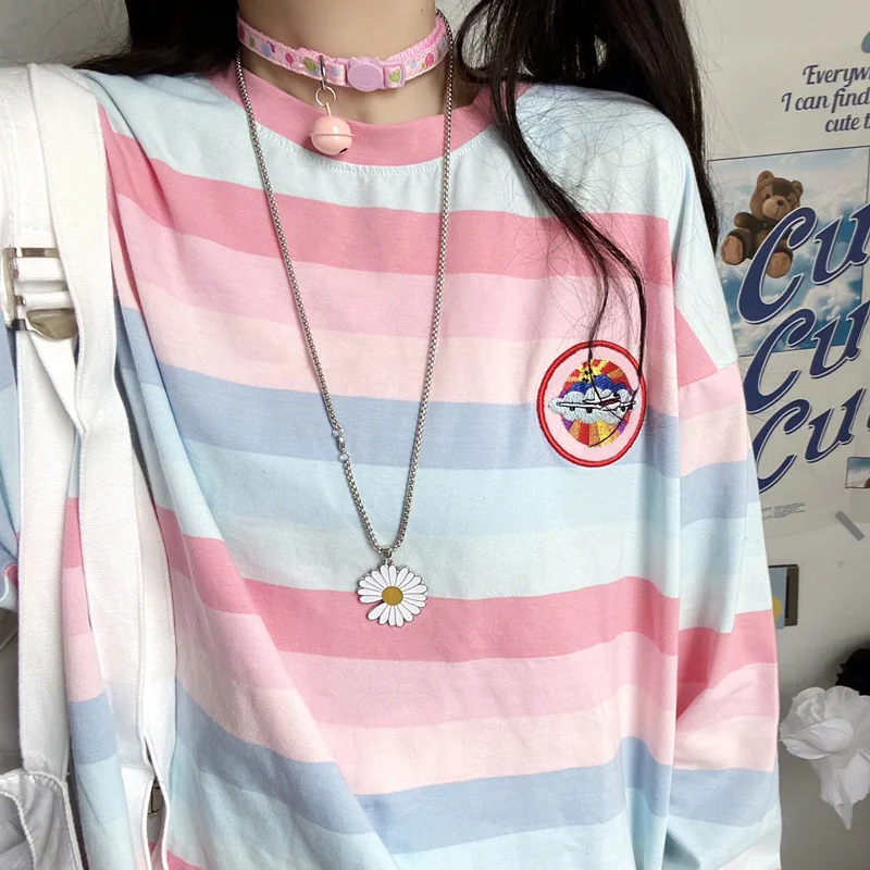 Camiseta de manga larga para mujer, top de manga larga con bordado a rayas, informal, para Navidad y otoño