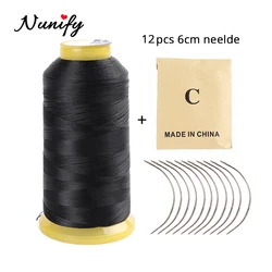 Nunify 1 Roll 2000M In Length Black Polyester Thread Wig Sewing Thread Hair Weaving Thread With Gift 1 Pc 6.5Cm C Curved Needle