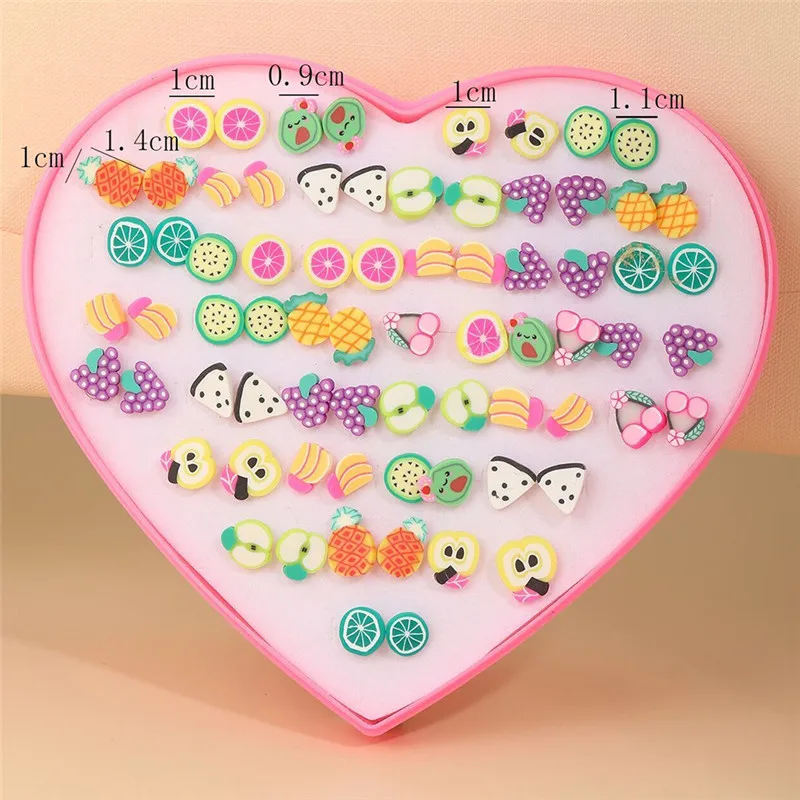 36 Pairs/Set Mix Style Small Stud Earrings Set For Girls Women Cute Heart Child Fruit Flower Clay Earring Fashion Jewelry Gift