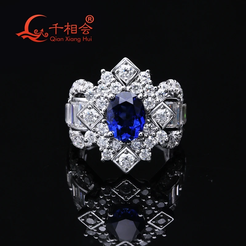 

925 silver Luxury 7X9mm Lab Blue artificial Sapphire With Moissanite Side Stones Engagement Wedding Moissanite Women Ring