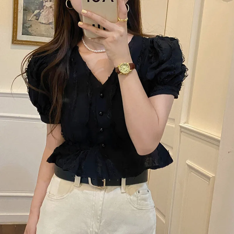 Sweet Lace Stitching Summer Women's Shirt Korean Fashion Puff Short Sleeve Slim Blouse Women Cotton Short Tops New Blusas 15668