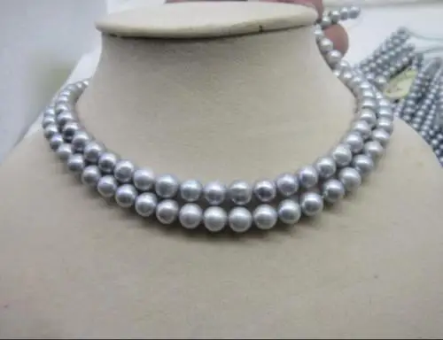 CHARMING 2 ROW GRAY SOUTH SEA AAA 8-9MM NATURAL PEARL NECKLACE 18INCH 925silver GOLD