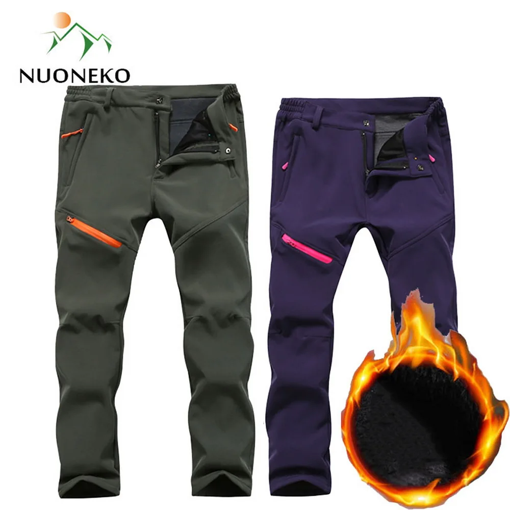 NUONEKO Hiking Pants Mens Winter Waterproof Softshell Warm Fleece Pants Women Sport Outdoor Skiing Camping Trekking Hombre PM36