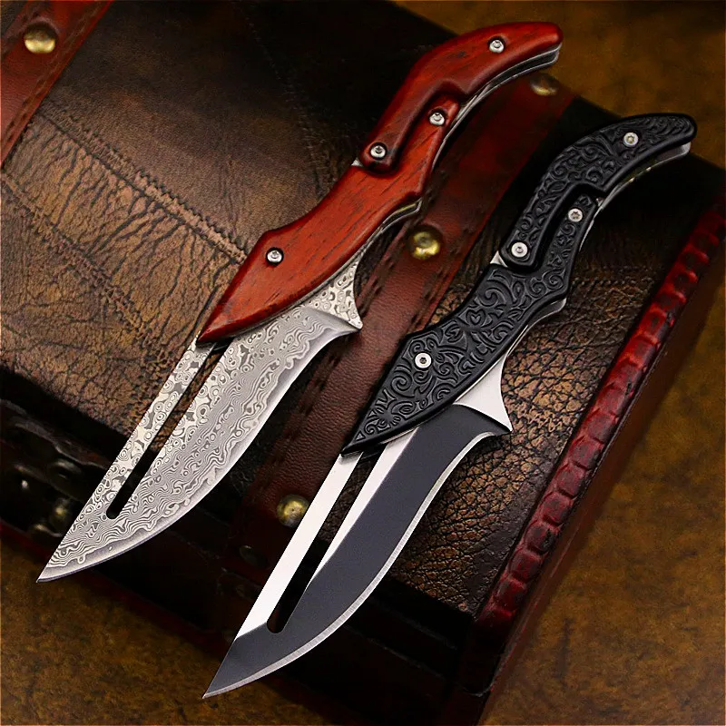 DEHONG Damascus Mechanical folding Knife Fashion D2 steel folding knife outdoor folding knife pocket knife jungle hunting knife