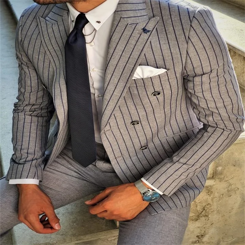 

Pinstripe Men Suits 2 Pieces Grey Formal Custom Made Wedding Suits Modern Lapel Royal Handsome Business Coat+Pant