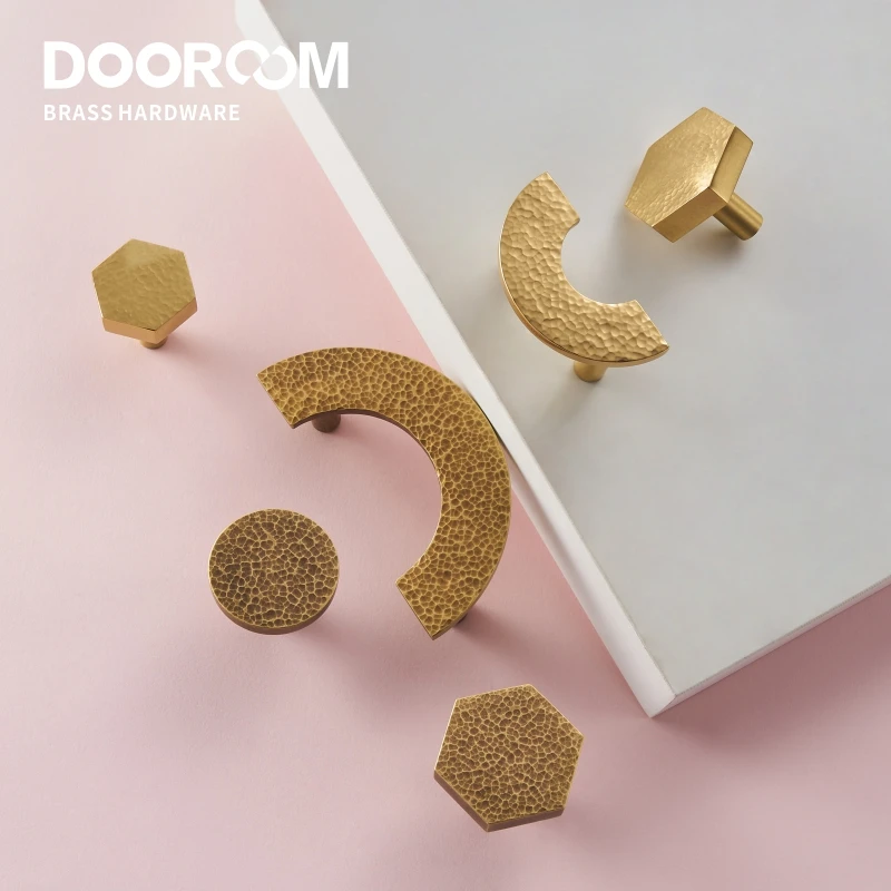 Dooroom Brass Furniture Handles Modern Hammered Round Hexagon Pulls Wardrobe Dresser Cupboard Cabinet Drawer Wine Bar Knobs