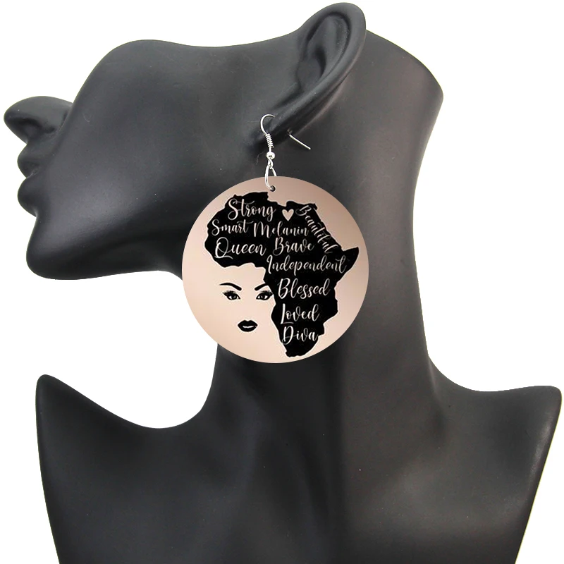 

SOMESOOR Delta Girl African Sorority Wood Drop Earrings Zeta Beta Afro Hair Print Black Queen Roots Printed Women Loops Jewelry