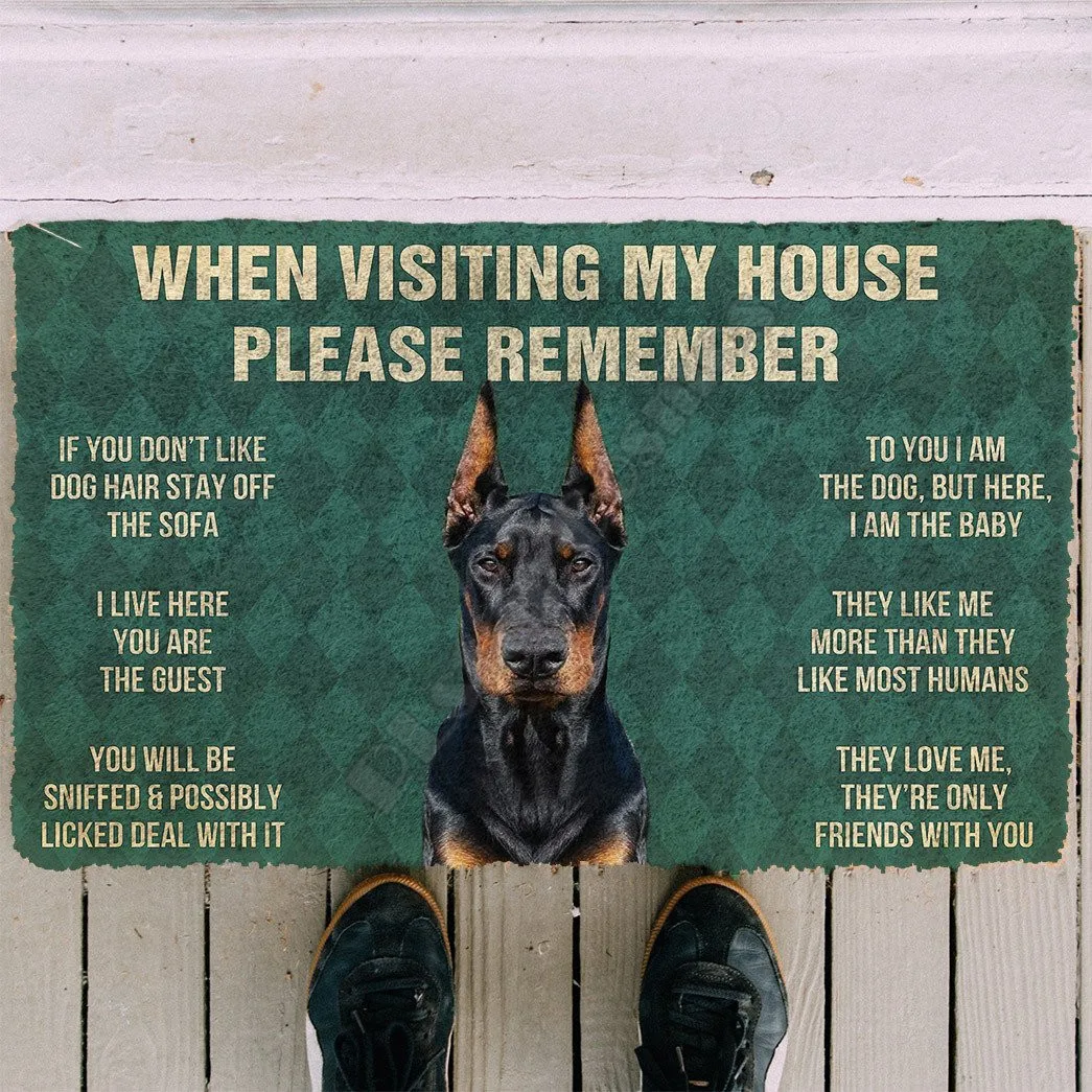 3D Si prega di ricordare Doberman Pinscher Dogs House Regole Zerbino Tappetini per porte antiscivolo Decor Portico Zerbino