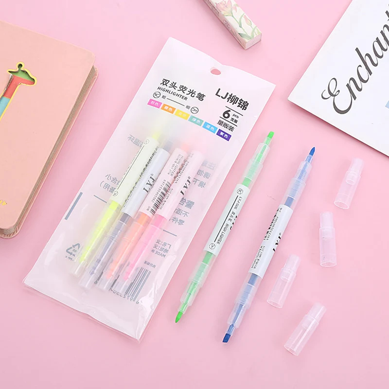 3-6 PCS/Set Double Headed Highlighter Pen Set Fluorescent Markers Highlighters Pens Art Marker Colorful Cute Kawaii Stationery
