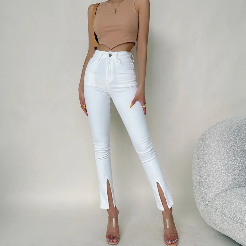 

High Waist Stretch Skinny Jeans For Women Split Micro Flared Denim Pants Fall White Solid Slim Straight Trousers Female P185