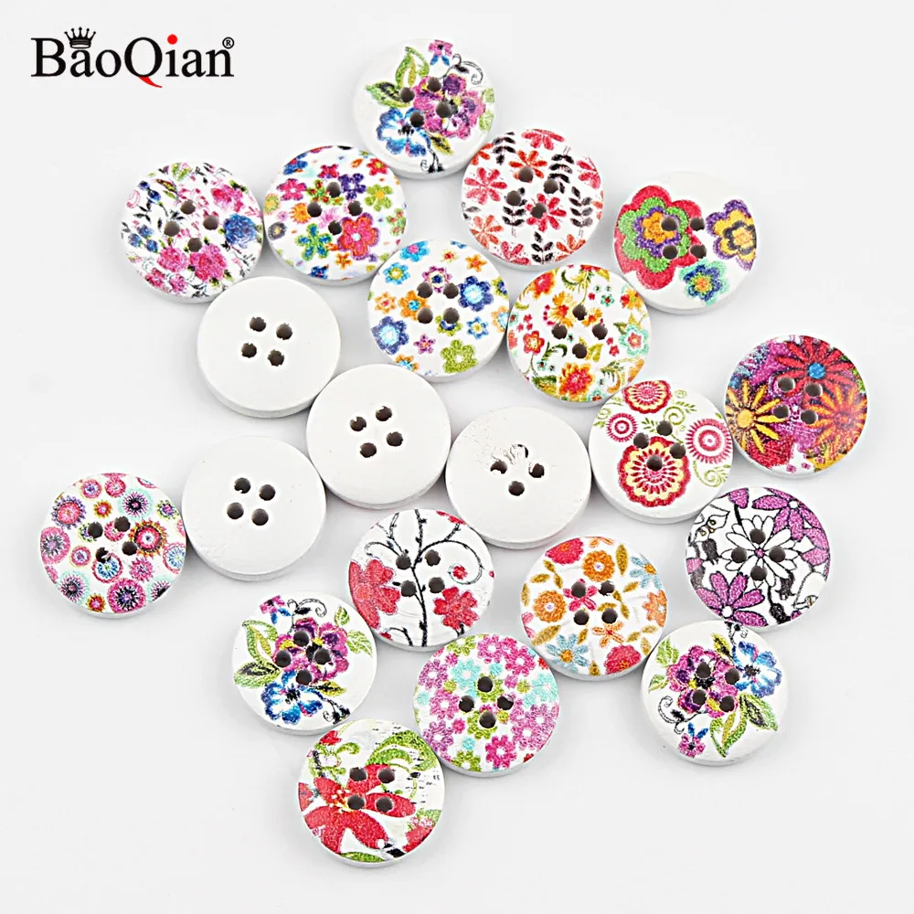 50Pcs 15mm Mixed Flower Painted Wooden Buttons For Clothing Scrapbooking Buttons Crafts DIY Needlework Sewing Accessories