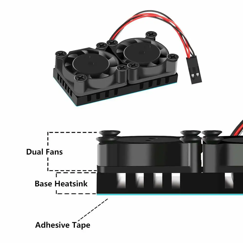 Raspberry Pi 4 B podwójny wentylator chłodzący (2 wentylatory + Hestsink + taśma klejąca) + 2 szt. Radiatory do Raspberry Pi 4 B 3 B +