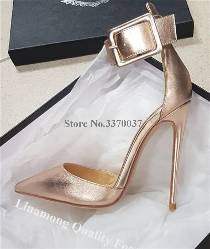 Linamong Elegant Fashion Pointed Toe Stiletto Heel Pumps Ankle Strap Buckle Red Black Gold High Heels Formal Dress Shoes