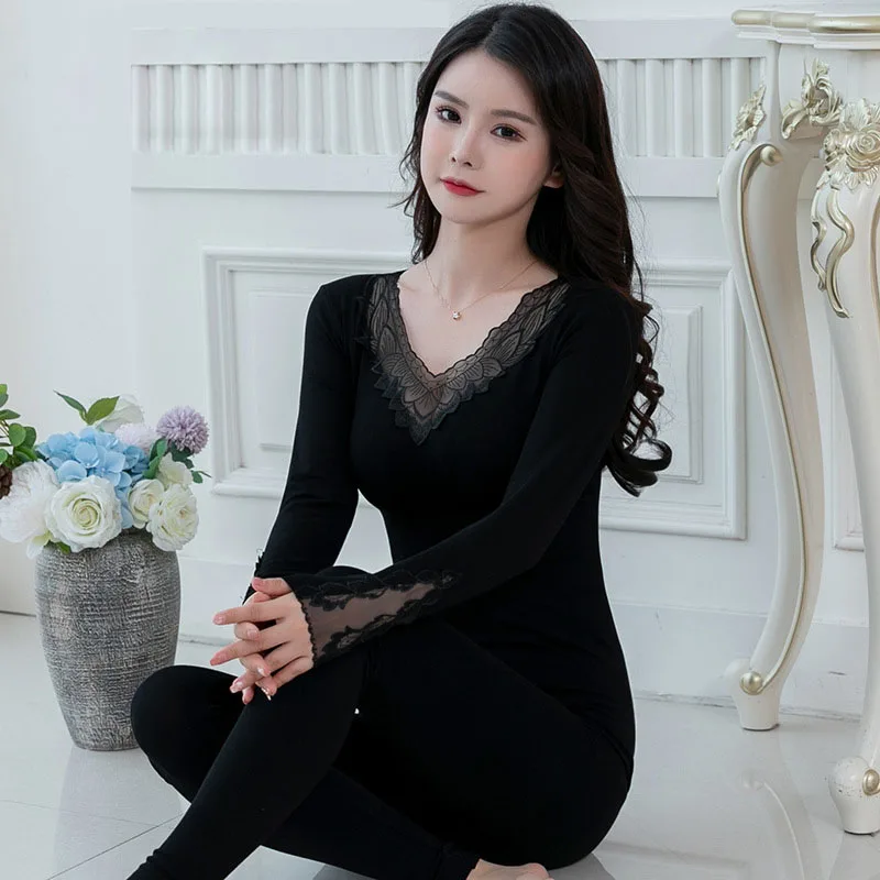 

2024 New Autumn Lace Thermal Underwear For Women Elegant V-Neck Slim Sexy Lingerie Set Female Second Skin Winter Clothes Pajamas