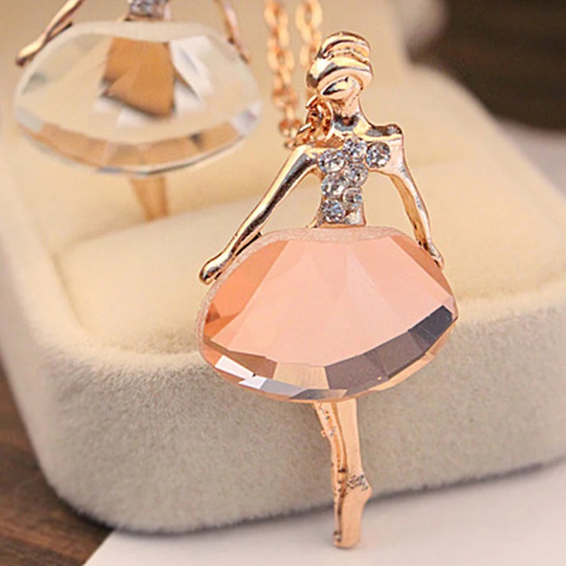 2024 Fashion Gold Color Chain Shiny Crystal Ballerina Girl Pendant Necklace Statement Long  Jewelry Female Women Gifts