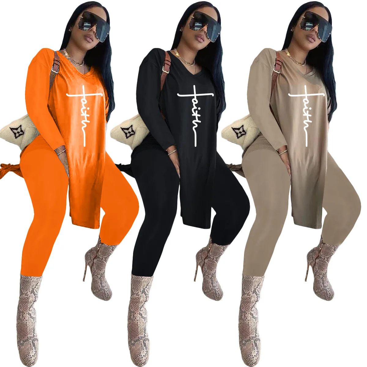 

2021 Winter Faith Print Casual Thick Sweater Tracksuits V-neck Long Top & Elastic Waist Pants Suit Female 2 Pieces Set