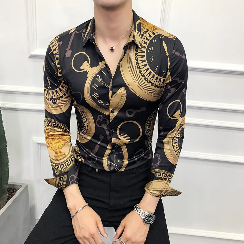 Autumn Luxury Gold Printed Casual Shirt Men Fashion Party Long Sleeve Shirt Slim Fit Tuxedo Shirts Night Club Work Social Shirt