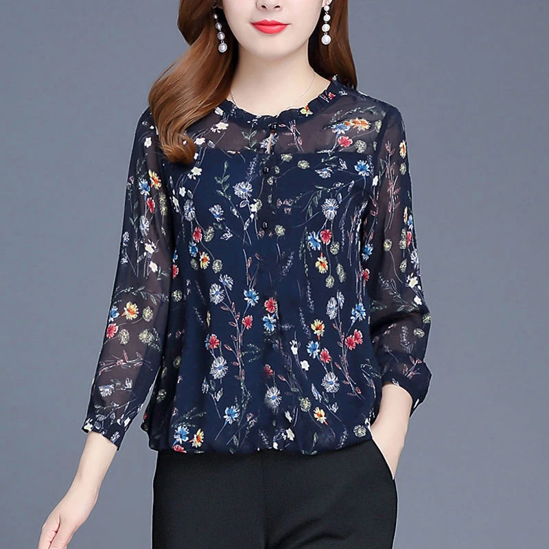 Women Chiffon Blouse 2021Autumn Floral Print Tunic Casual Middle Long Sleeve O-neck Top Lady Blouse NS4885