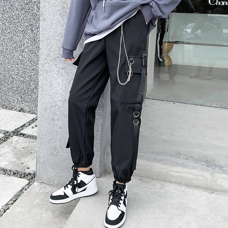 YBYR Cargo Harem Pants Women Korean Style Ribbons Pockets Black Harajuku Trousers Man Elastic High Waist Baggy Warm Pants 3XL