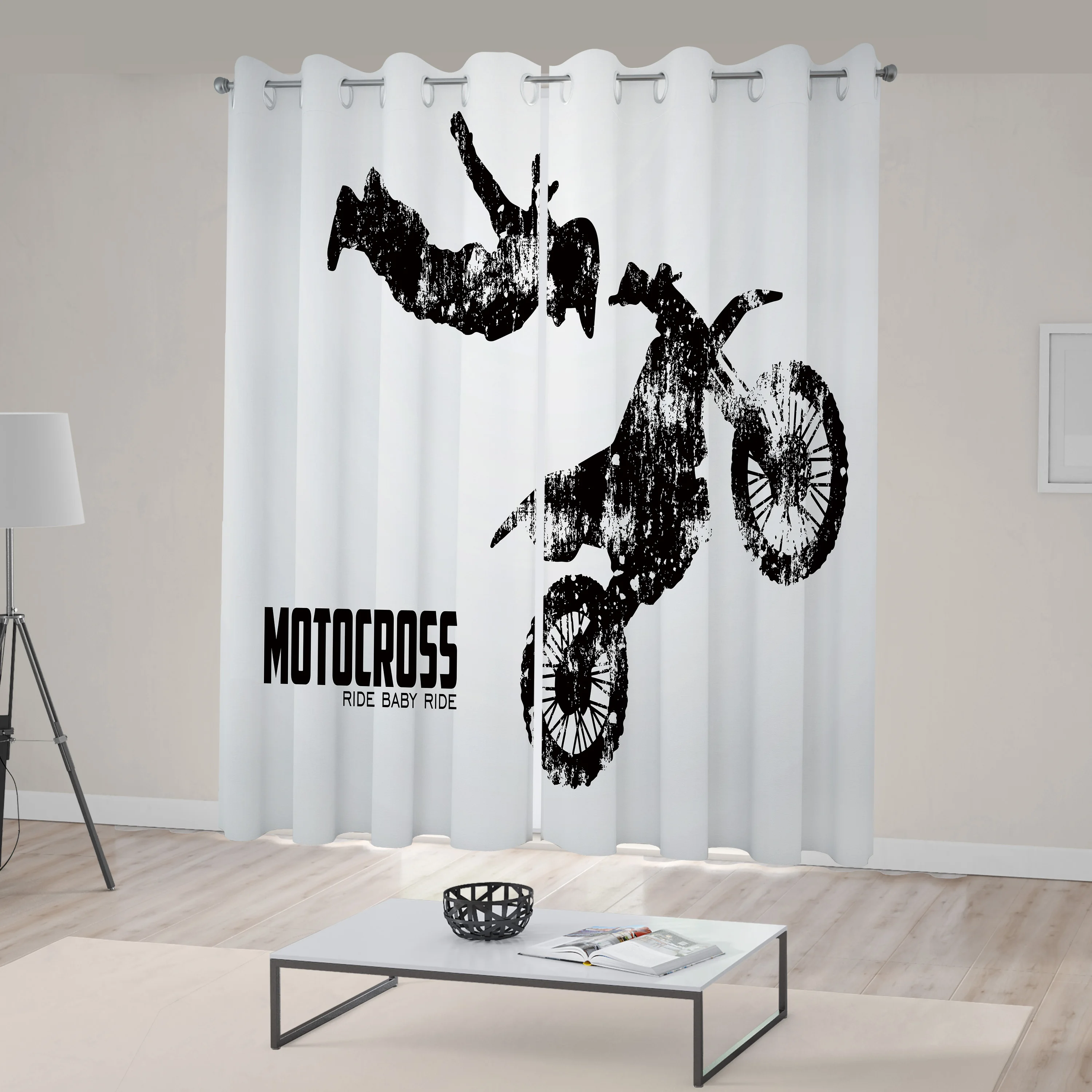 Dirt Bike Curtains Weathered Effect with Biker Silhouette and Motocross Racing Moves Theme Living Room Bedroom Window Drapes