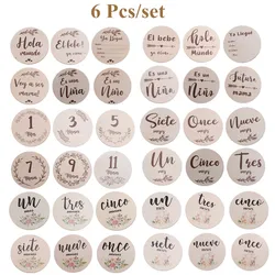 6 PCs Wooden Spanish Letters Baby Milestone Cards Newborn Birth Monthly Recording Photo Cards Kids Growth Album Souvenir Props