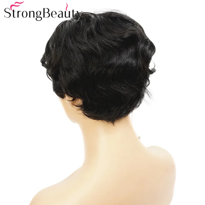 Cortes de Cabelo Pixie StrongBeauty Corte Curto Encaracolado Mulheres Peruca Natural Preto Peruca Sintética Cheia