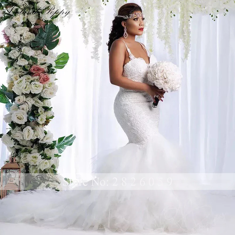 Lceland Poppy Customized Women's Mermaid Lace Wedding Dresses Beaded Sleeveless Ruffled Bridal Gowns with Chapel Train