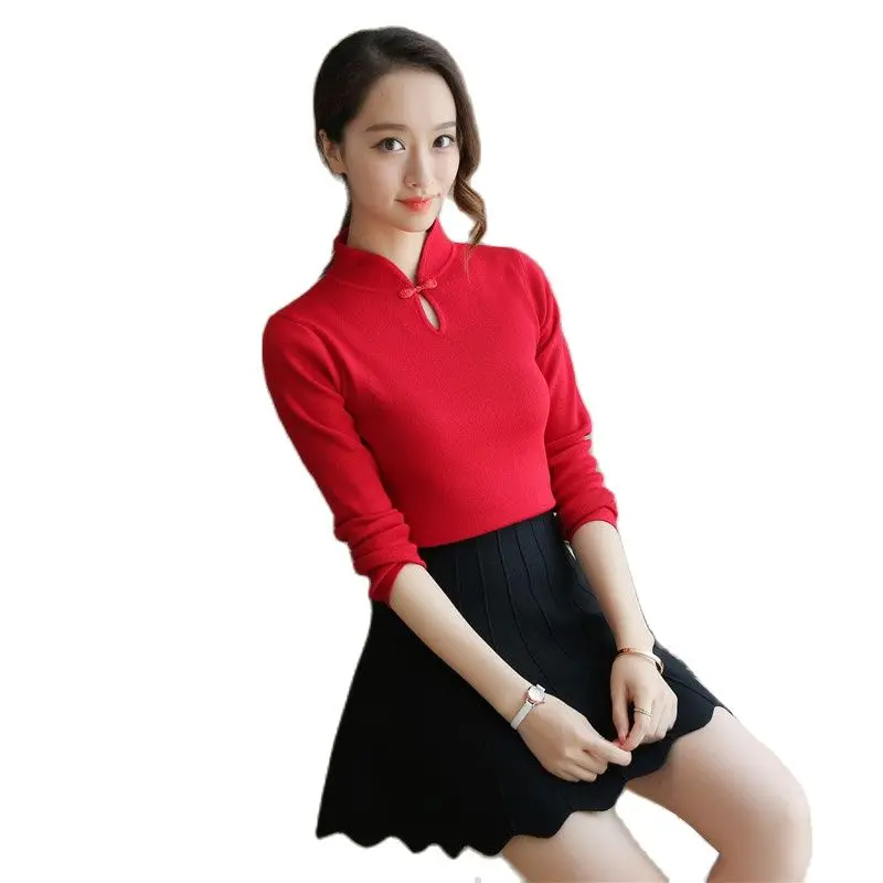 Chinese winter sweater style cheongsam collar sweater slim semi turtleneck sweater backing spring dress sleeve head