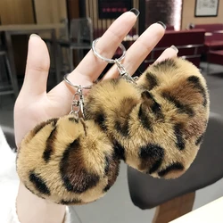 New Leopard Pompom Key Chain Fake Rabbit fur Plush Heart Keychain Round fluffy Ball Car Key Ring Bag Pendants