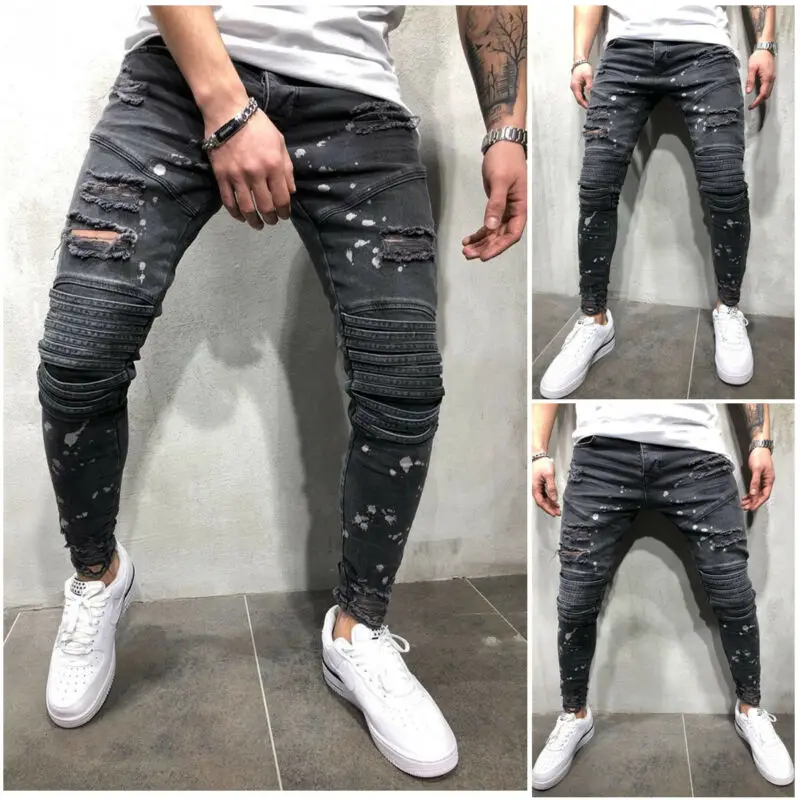 

Mens Ripped Biker Hip-hop Skinny Jeans Frayed Destroyed Slim Trousers Casual Slim Fit Jeans Stretch Denim Pants Trousers