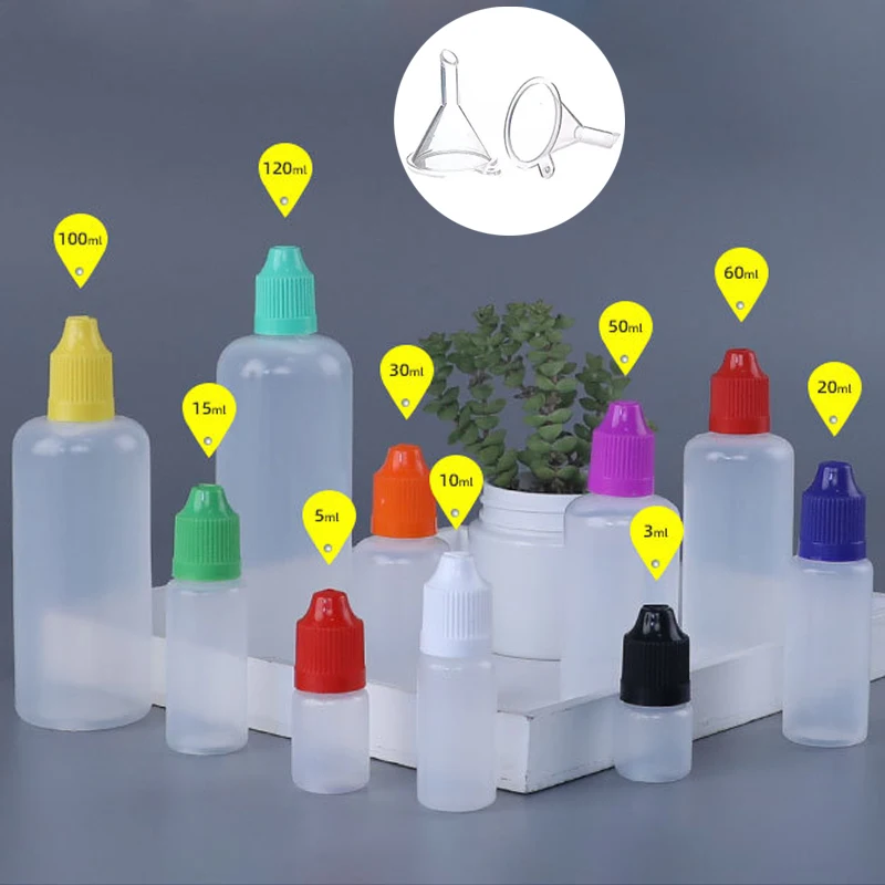 

100pcs 3/5/10/15/20/30/50/100/120ml Empty Plastic Squeezable Dropper Bottle E Liquid Eye Drops Refillable Vial With Funnel