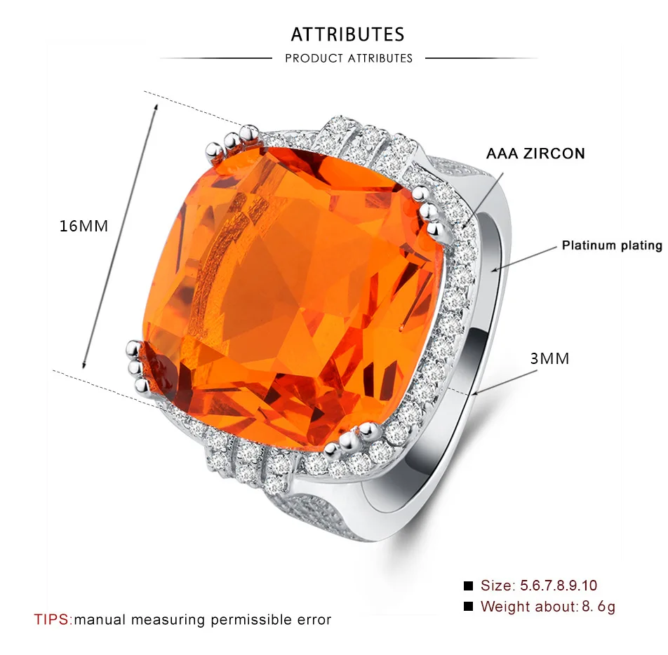 Luxury Square Orange Gem Ring, Bohemian Style Wedding Ring