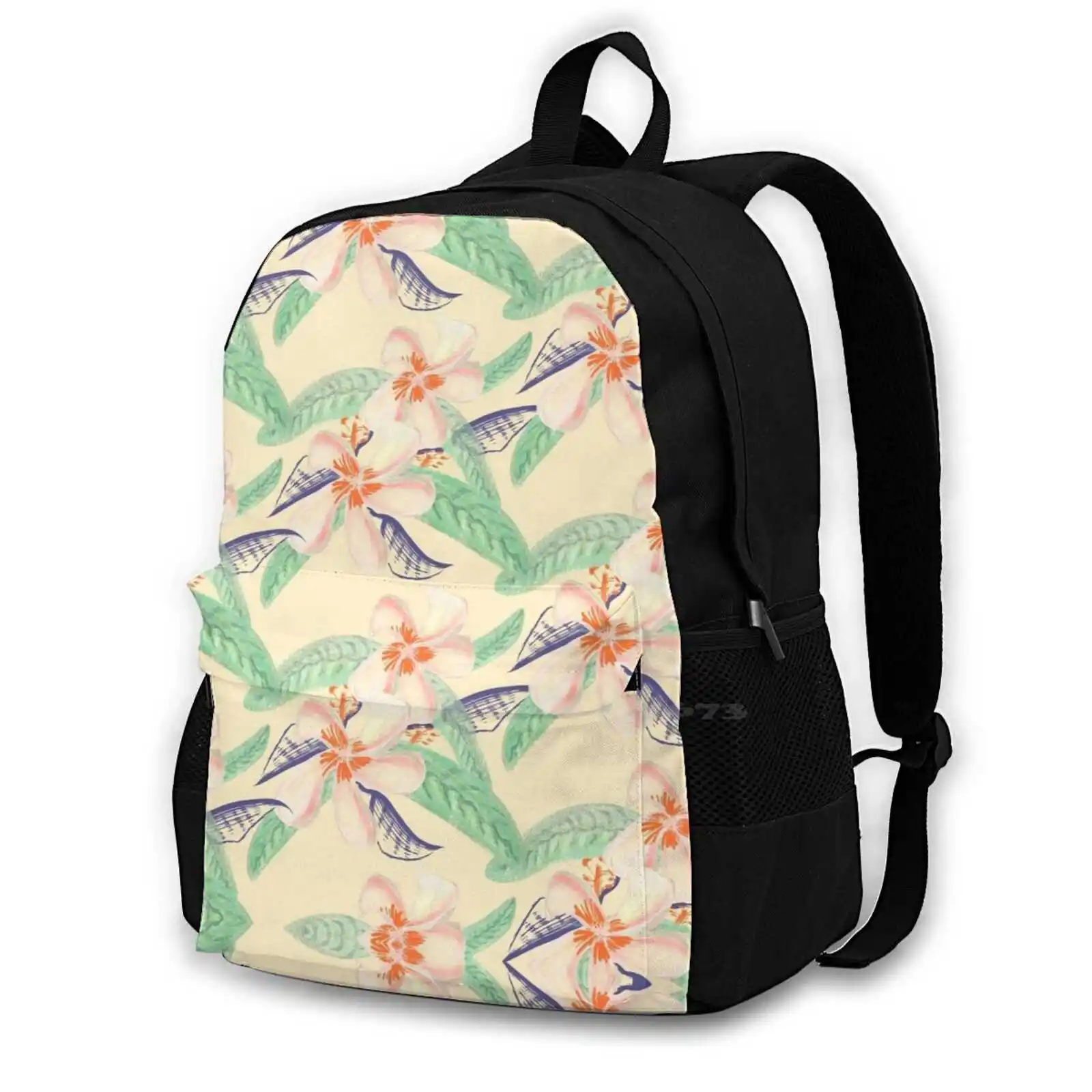 Plumeria Tropical Sensation 412D Print Design Backpack Student Bag Plumeria Leaves Green Peach Creamy Tropical Warm Inviting