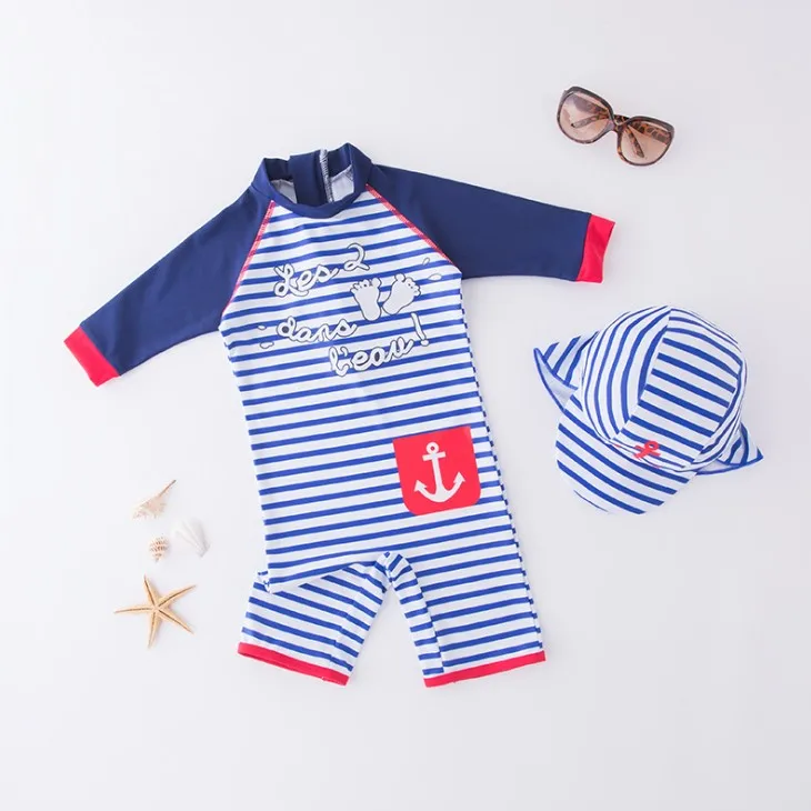 

Lovely Blue and White Stripe Baby Boy Conjoined Swimwear with Swimming Cap/Beach Sunscreen Surfing Swimsuit 3182